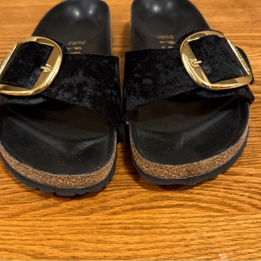 Birkenstock Black Velvet Slide Sandals with Gold Buckles - Picture 4 of 6